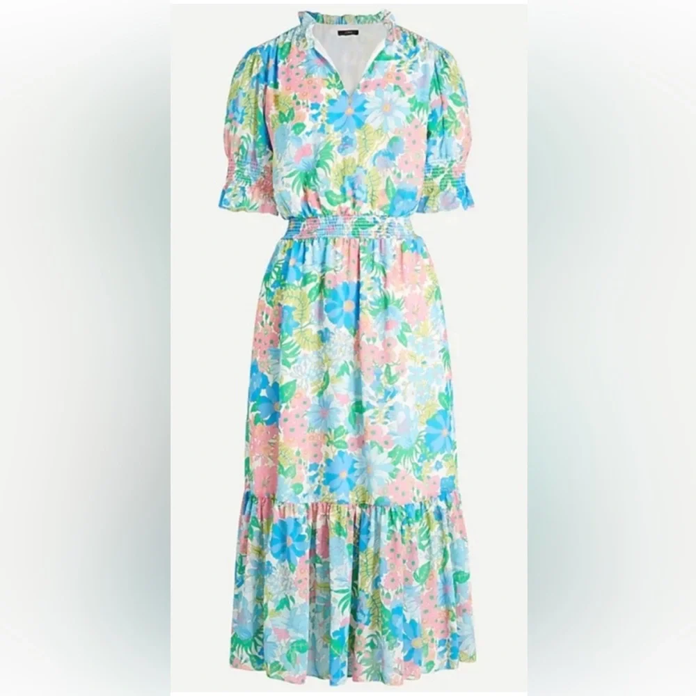NWT J.Crew size S smocked ruffle midi dress in fairy floral